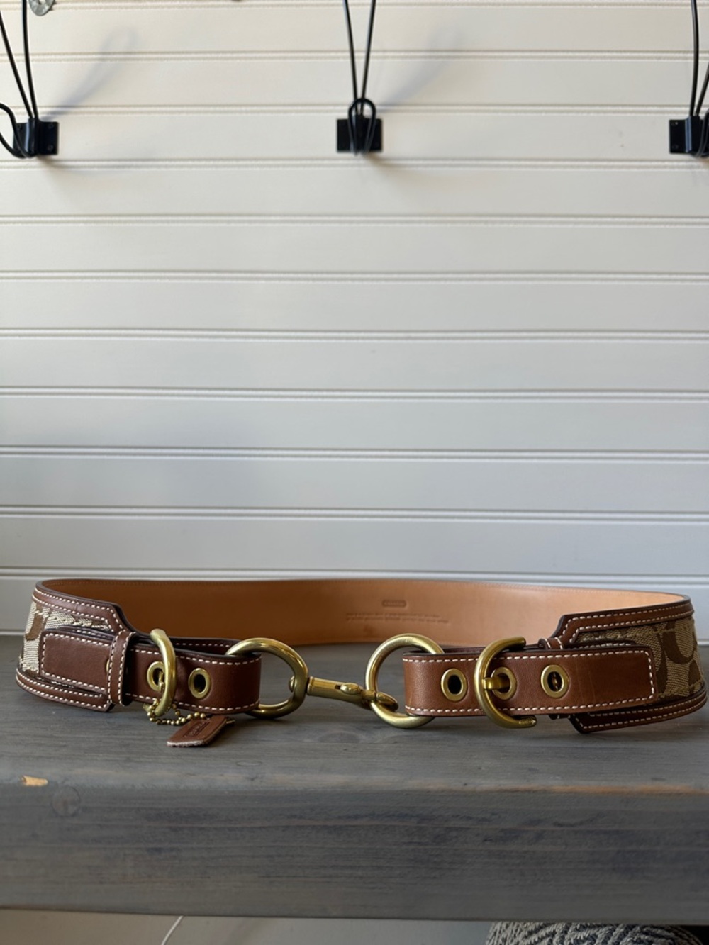 Coach Brown Signature Canvas & Leather Belt with Gold Rings